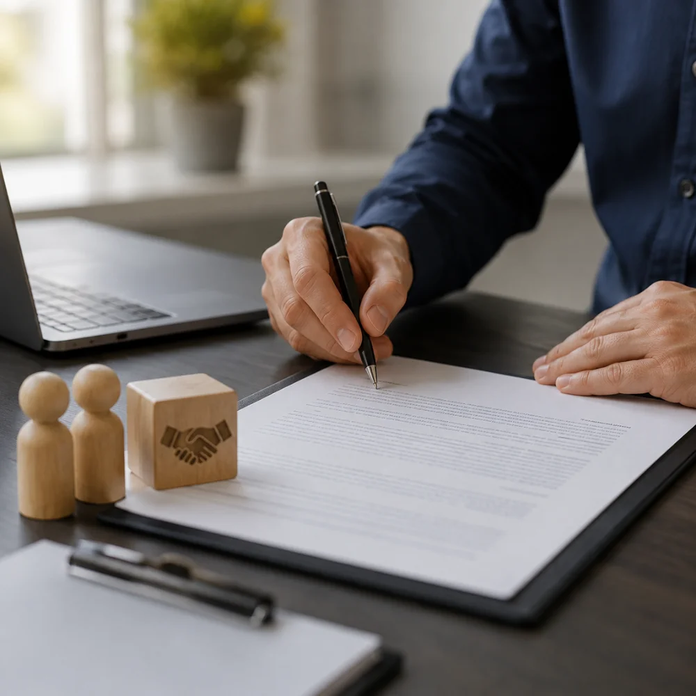Business team reviewing company registration documents in a modern office