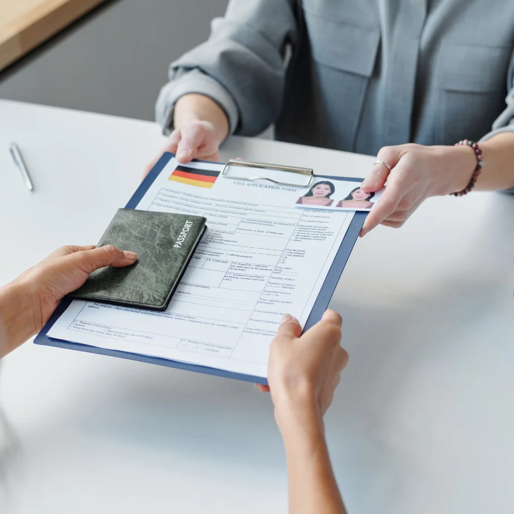 Business team reviewing company registration documents in a modern office