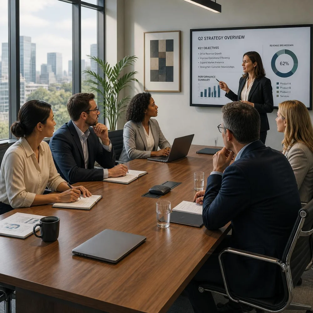 Business team reviewing company registration documents in a modern office