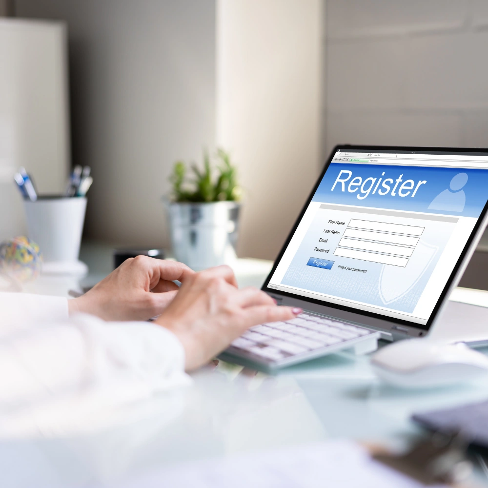 Business team reviewing company registration documents in a modern office